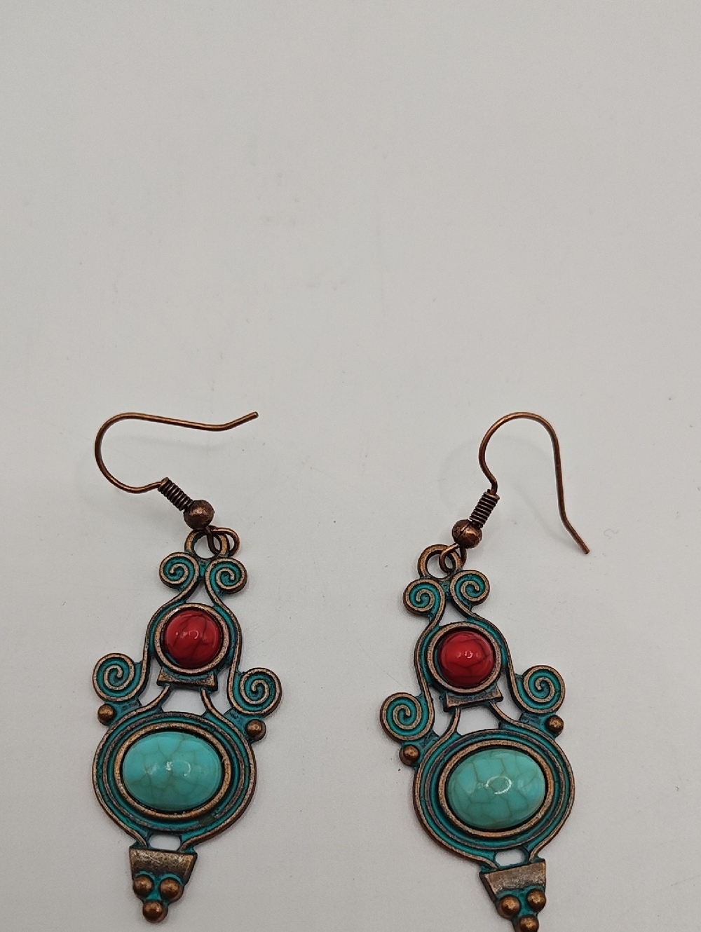 Metal Turquoise and Red Drop Earrings with Copper-Tone Details